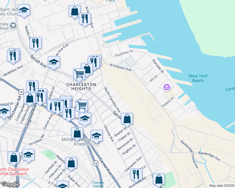 map of restaurants, bars, coffee shops, grocery stores, and more near 1815 Carlton Street in North Charleston