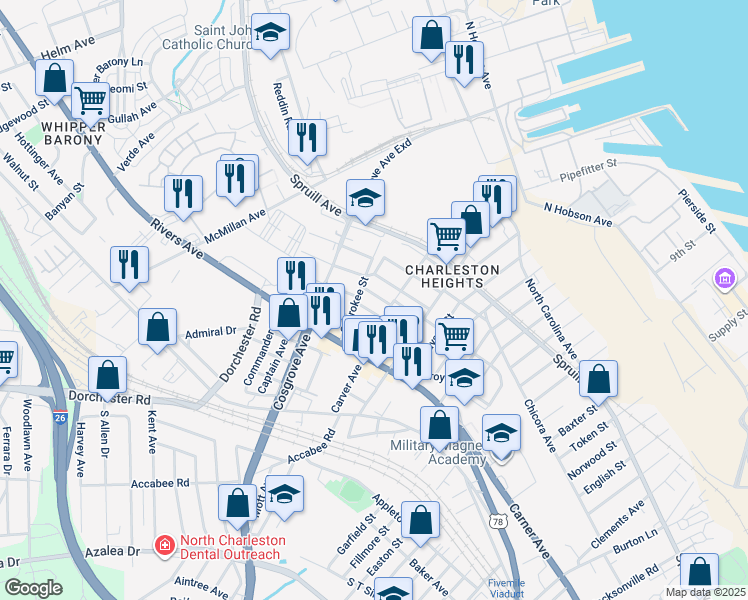 map of restaurants, bars, coffee shops, grocery stores, and more near 3314 Goldenrod Street in North Charleston