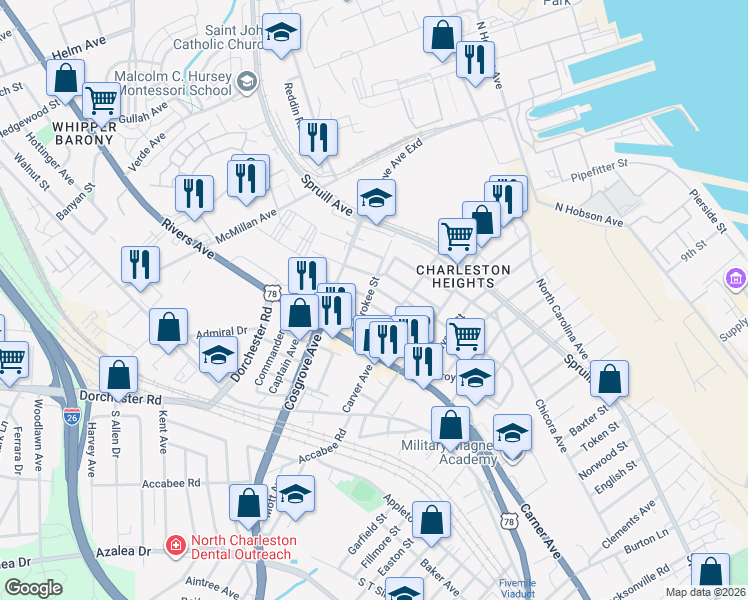 map of restaurants, bars, coffee shops, grocery stores, and more near 3314 Goldenrod Street in North Charleston