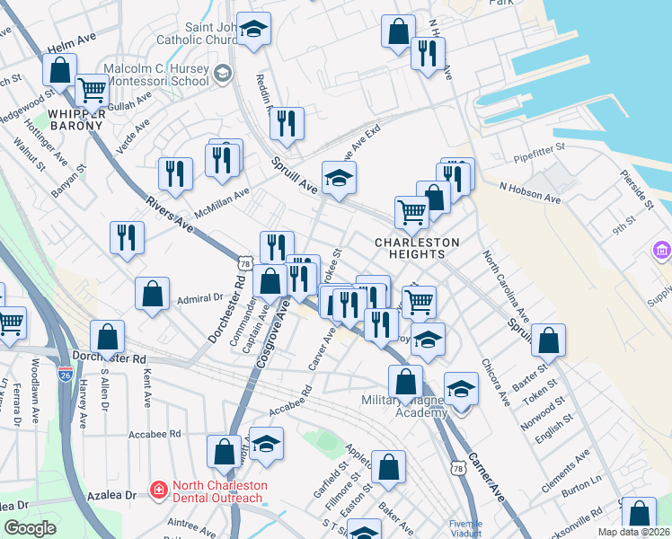 map of restaurants, bars, coffee shops, grocery stores, and more near 3314 Goldenrod Street in North Charleston
