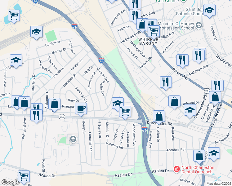 map of restaurants, bars, coffee shops, grocery stores, and more near 2615 Ranger Drive in North Charleston