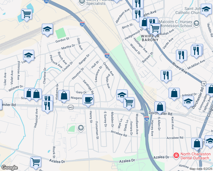 map of restaurants, bars, coffee shops, grocery stores, and more near 2674 Poplin Avenue in North Charleston