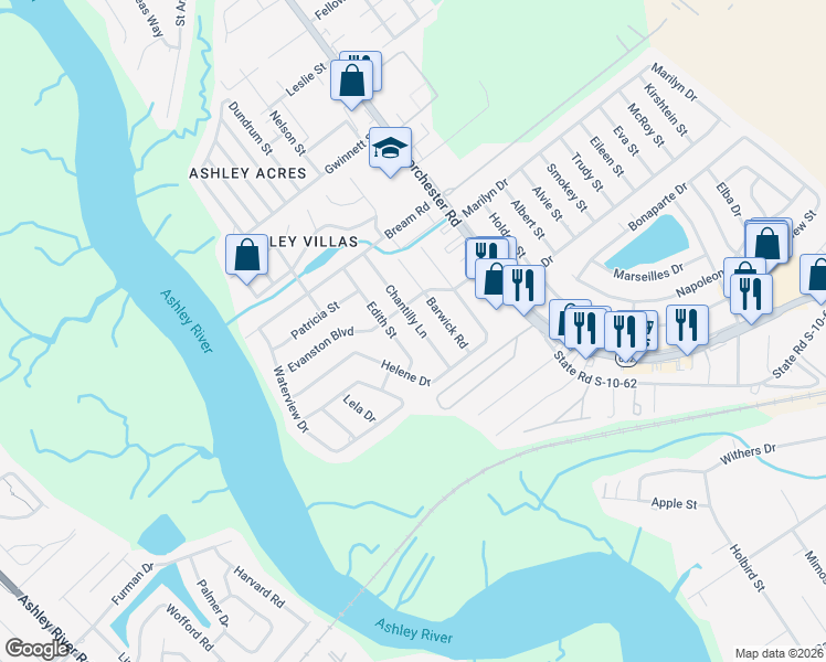 map of restaurants, bars, coffee shops, grocery stores, and more near 5309 Chantilly Lane in North Charleston
