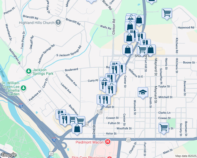 map of restaurants, bars, coffee shops, grocery stores, and more near 993 Curry Place in Macon