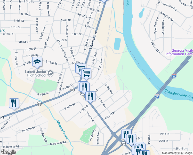 map of restaurants, bars, coffee shops, grocery stores, and more near 1221 East 3rd Avenue in Lanett