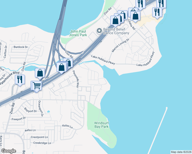 map of restaurants, bars, coffee shops, grocery stores, and more near 4920 Captains Place in Garland