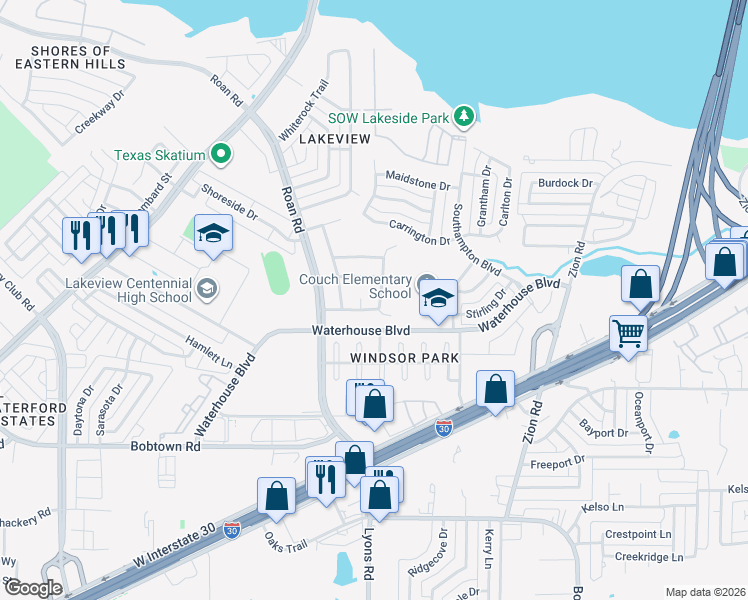 map of restaurants, bars, coffee shops, grocery stores, and more near 4034 Wiltshire Drive in Garland
