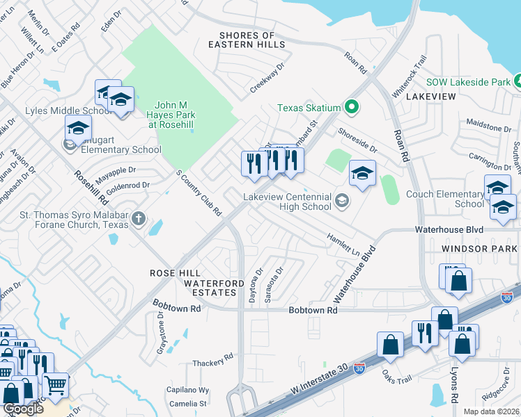 map of restaurants, bars, coffee shops, grocery stores, and more near 3010 Capstone Lane in Garland