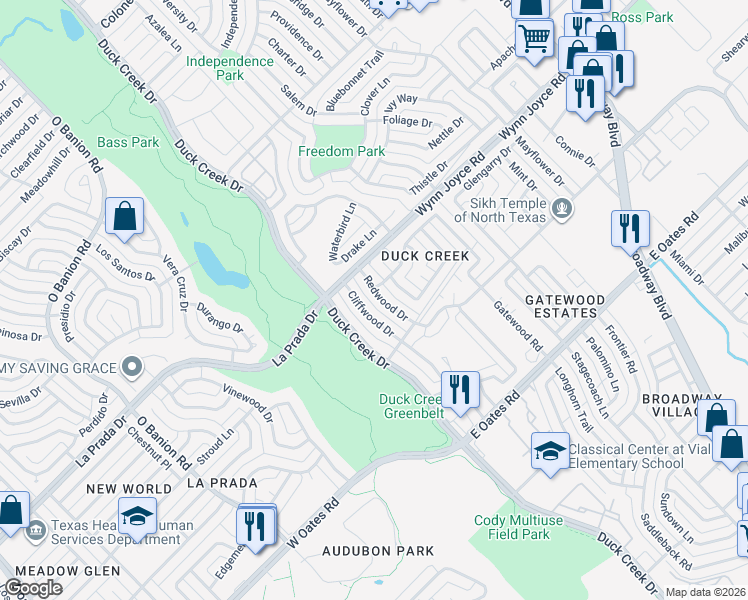 map of restaurants, bars, coffee shops, grocery stores, and more near 4718 Redwood Drive in Garland