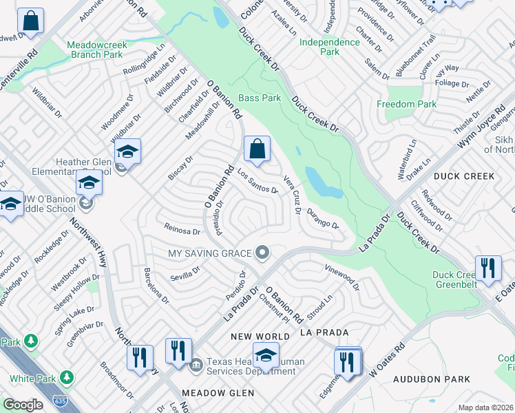 map of restaurants, bars, coffee shops, grocery stores, and more near 4910 Willowhaven Circle in Garland