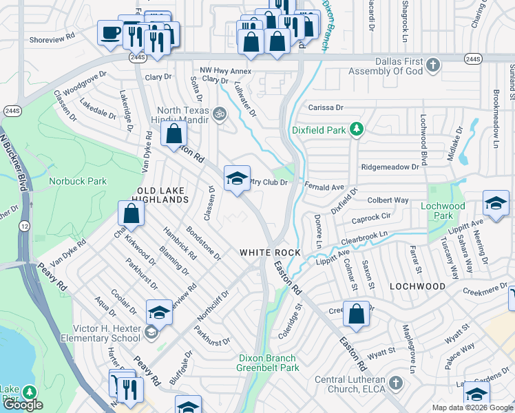 map of restaurants, bars, coffee shops, grocery stores, and more near 505 Easton Road in Dallas
