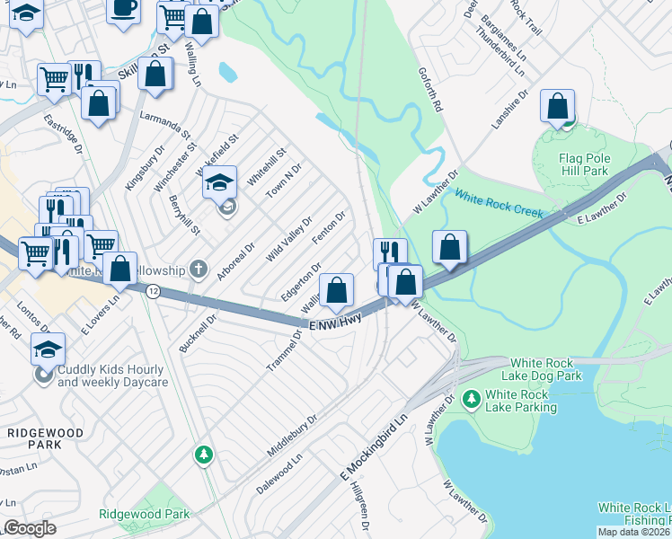 map of restaurants, bars, coffee shops, grocery stores, and more near 7442 Walling Lane in Dallas