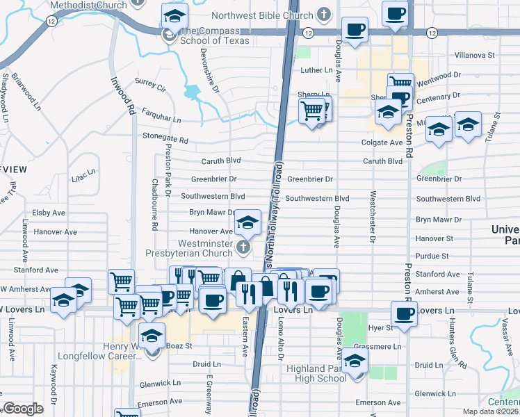 map of restaurants, bars, coffee shops, grocery stores, and more near 5750 Bryn Mawr Drive in Dallas