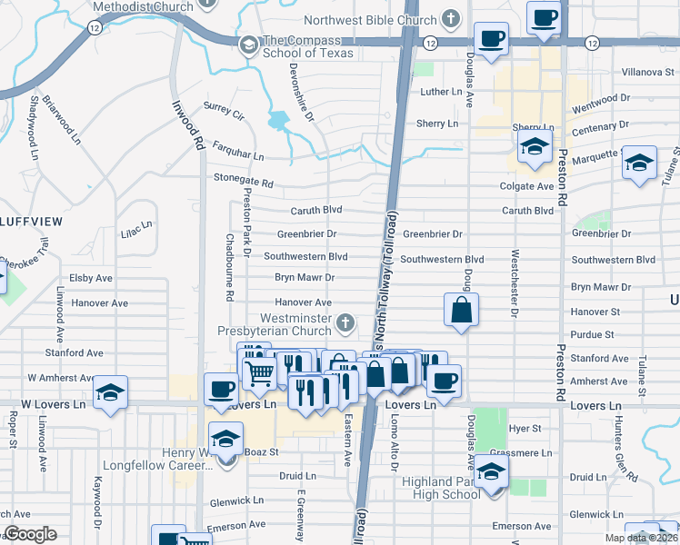 map of restaurants, bars, coffee shops, grocery stores, and more near 5716 Bryn Mawr Drive in Dallas
