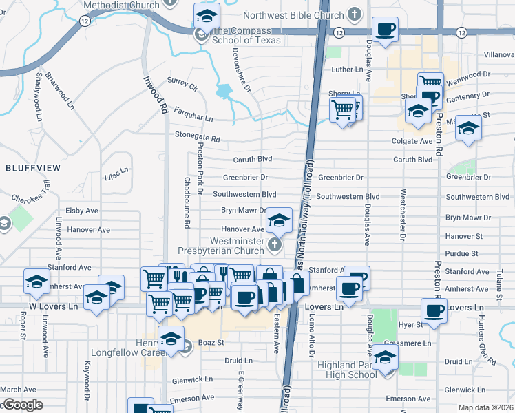 map of restaurants, bars, coffee shops, grocery stores, and more near 5640 Bryn Mawr Drive in Dallas