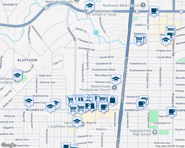 map of restaurants, bars, coffee shops, grocery stores, and more near 5538 Bryn Mawr Drive in Dallas