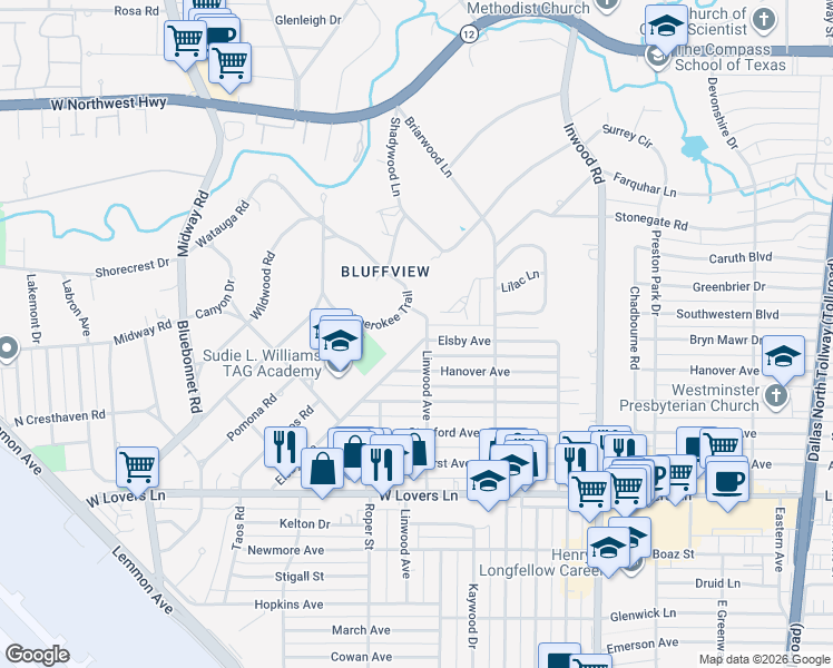 map of restaurants, bars, coffee shops, grocery stores, and more near 4748 Elsby Avenue in Dallas