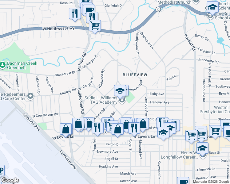 map of restaurants, bars, coffee shops, grocery stores, and more near 4512 Bluffview Boulevard in Dallas
