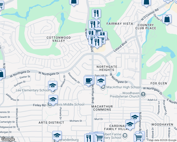 map of restaurants, bars, coffee shops, grocery stores, and more near 1115 North Edwards Court in Irving