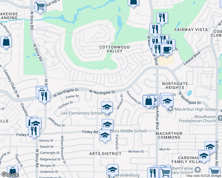 map of restaurants, bars, coffee shops, grocery stores, and more near 1608 West Northgate Drive in Irving