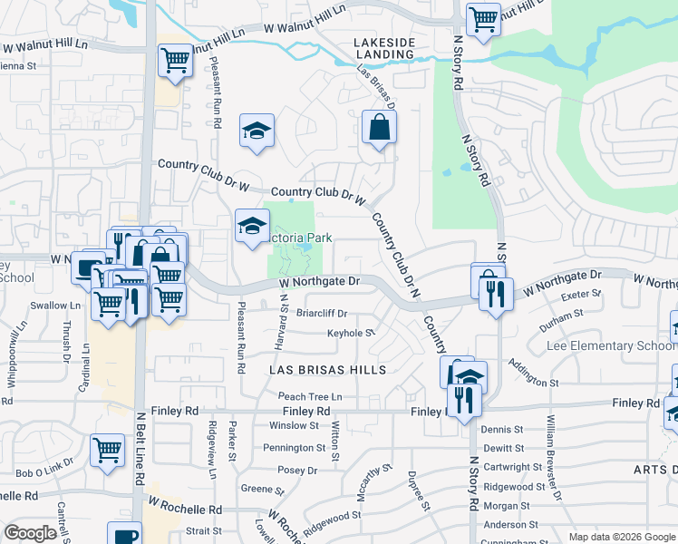map of restaurants, bars, coffee shops, grocery stores, and more near 2521 Chevy Chase Drive in Irving
