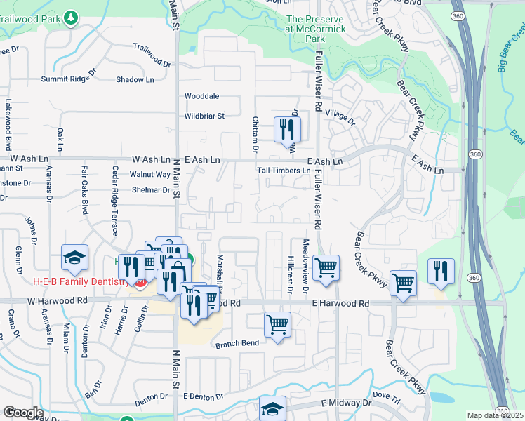map of restaurants, bars, coffee shops, grocery stores, and more near 416 Sycamore Lane in Euless
