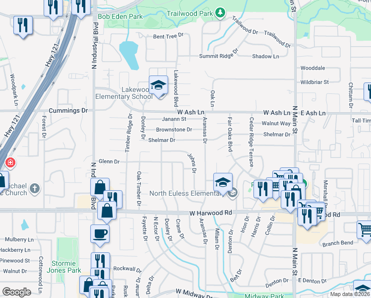 map of restaurants, bars, coffee shops, grocery stores, and more near 601 Johns Drive in Euless