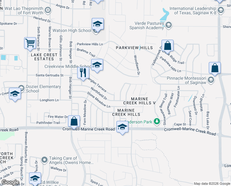 map of restaurants, bars, coffee shops, grocery stores, and more near 5551 Heatherglen Terrace in Fort Worth