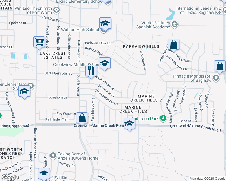map of restaurants, bars, coffee shops, grocery stores, and more near 5629 Northfield Drive in Fort Worth