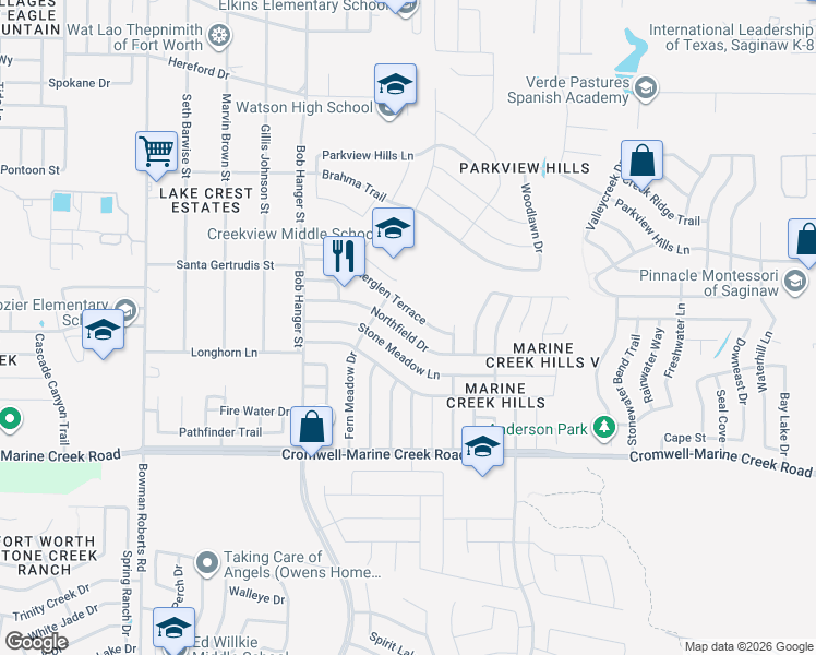 map of restaurants, bars, coffee shops, grocery stores, and more near 5629 Northfield Drive in Fort Worth