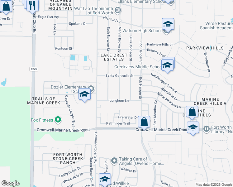 map of restaurants, bars, coffee shops, grocery stores, and more near 6513 Marvin Brown Street in Fort Worth