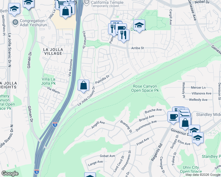 map of restaurants, bars, coffee shops, grocery stores, and more near 4045 Caminito Cassis in San Diego