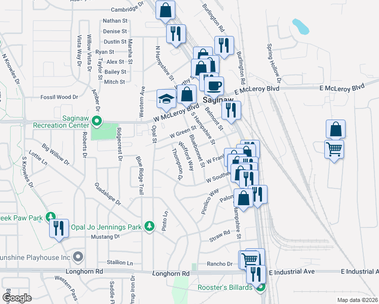 map of restaurants, bars, coffee shops, grocery stores, and more near 308 Wofford Way in Saginaw