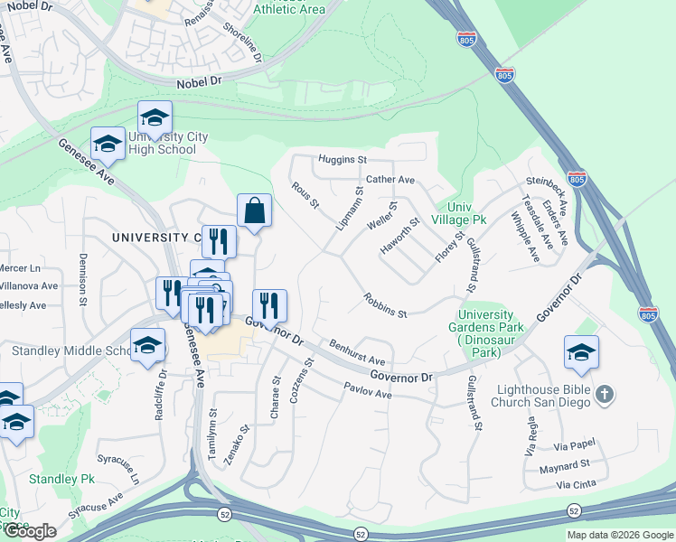 map of restaurants, bars, coffee shops, grocery stores, and more near 6492 Farley Drive in San Diego