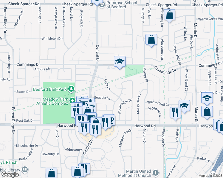 map of restaurants, bars, coffee shops, grocery stores, and more near 2208 Sage Lane in Bedford