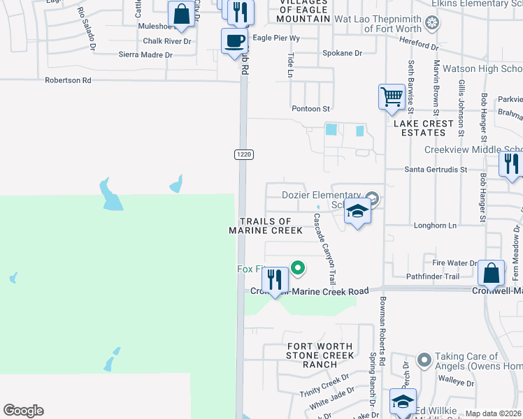 map of restaurants, bars, coffee shops, grocery stores, and more near 6709 Coolwater Trail in Fort Worth