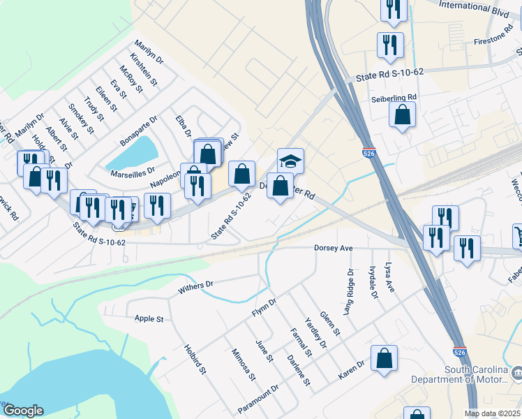 map of restaurants, bars, coffee shops, grocery stores, and more near 4989 Dorchester Road in North Charleston