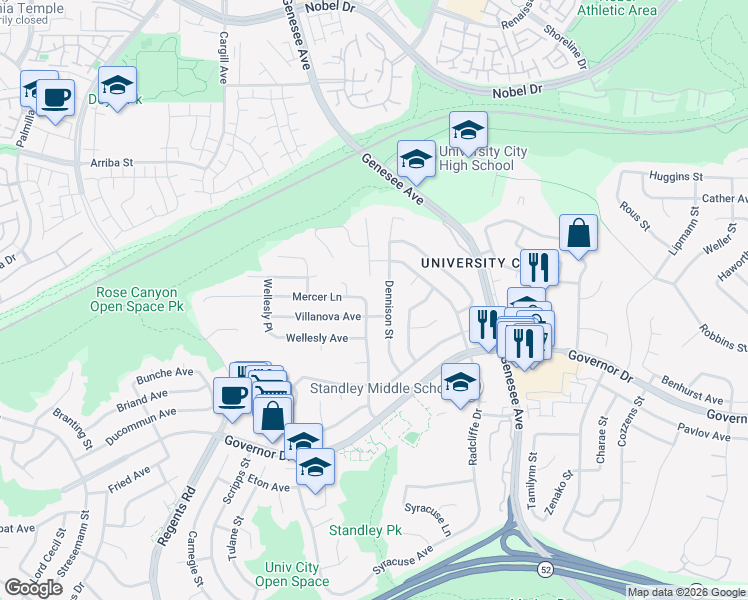 map of restaurants, bars, coffee shops, grocery stores, and more near 3648 Villanova Avenue in San Diego