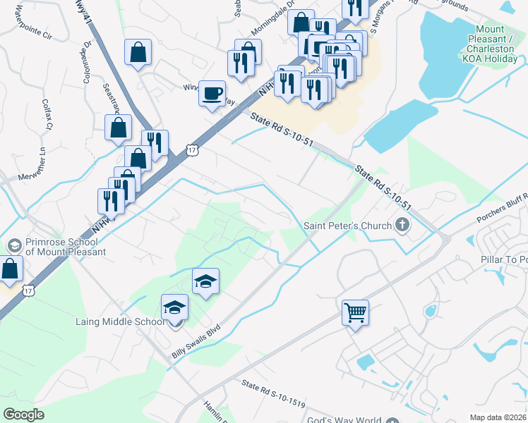 map of restaurants, bars, coffee shops, grocery stores, and more near 1202 Crystal Road in Mount Pleasant