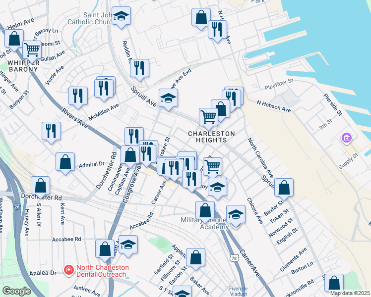 map of restaurants, bars, coffee shops, grocery stores, and more near 3310 Ottawa Avenue in North Charleston