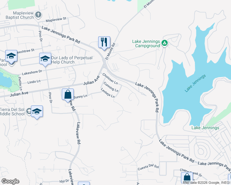 map of restaurants, bars, coffee shops, grocery stores, and more near 13658 Lenteja Lane in Lakeside