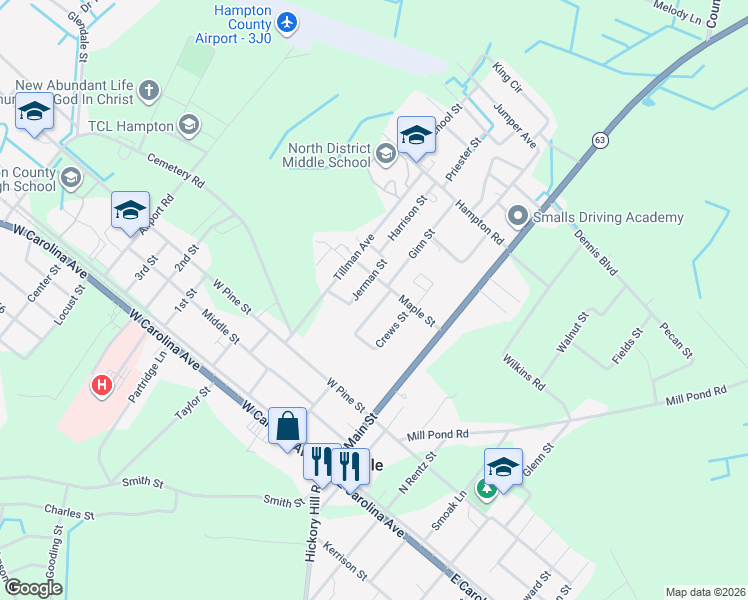 map of restaurants, bars, coffee shops, grocery stores, and more near 416 County Road S-25-722 in Varnville