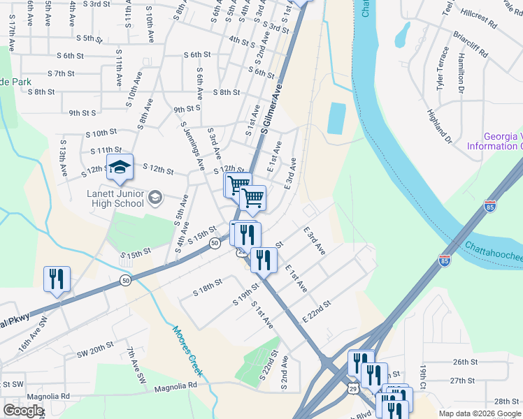 map of restaurants, bars, coffee shops, grocery stores, and more near 1401 South Gilmer Avenue in Lanett