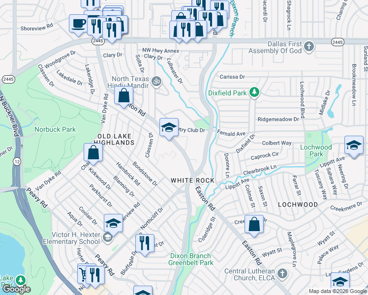 map of restaurants, bars, coffee shops, grocery stores, and more near 505 Easton Road in Dallas