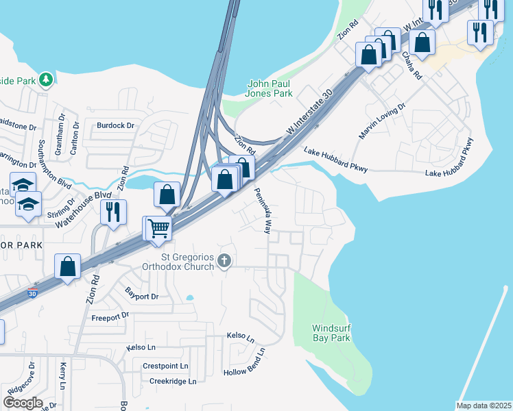 map of restaurants, bars, coffee shops, grocery stores, and more near 5001 Peninsula Way in Garland