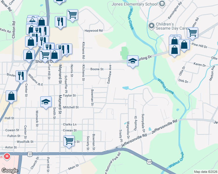 map of restaurants, bars, coffee shops, grocery stores, and more near 1212 Eastview Avenue in Macon