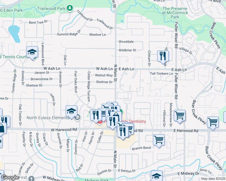 map of restaurants, bars, coffee shops, grocery stores, and more near 1395 North Main Street in Euless
