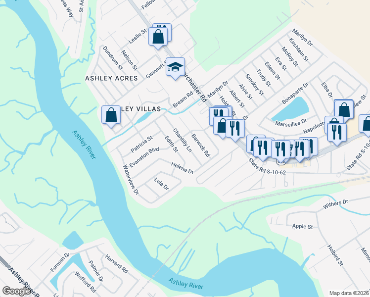 map of restaurants, bars, coffee shops, grocery stores, and more near 5309 Chantilly Lane in North Charleston