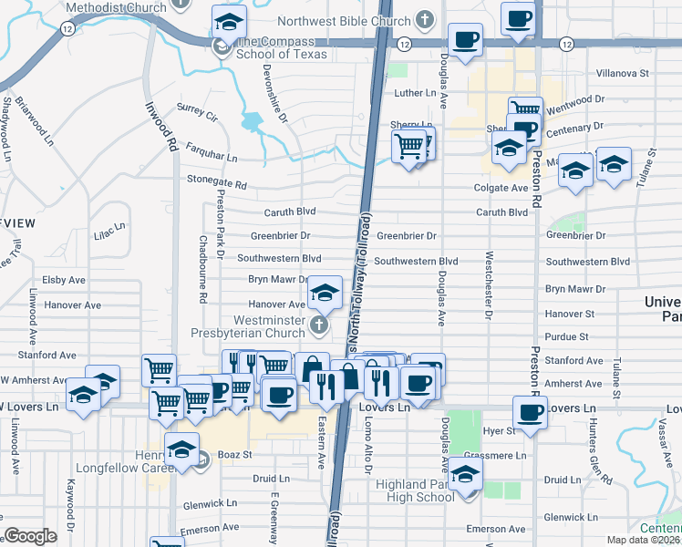map of restaurants, bars, coffee shops, grocery stores, and more near 5750 Bryn Mawr Drive in Dallas