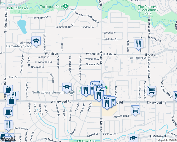 map of restaurants, bars, coffee shops, grocery stores, and more near 1314 Roundtree Drive in Euless